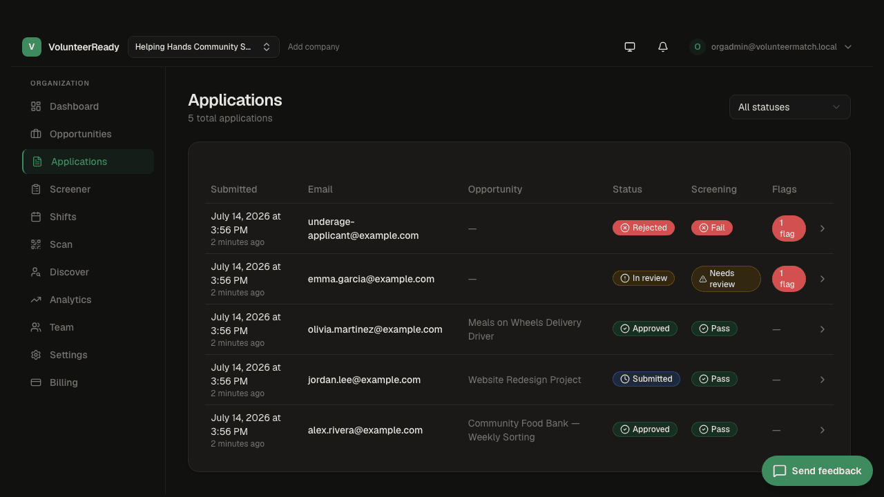 VolunteerReady application queue showing pending, approved, and rejected applications with timestamps