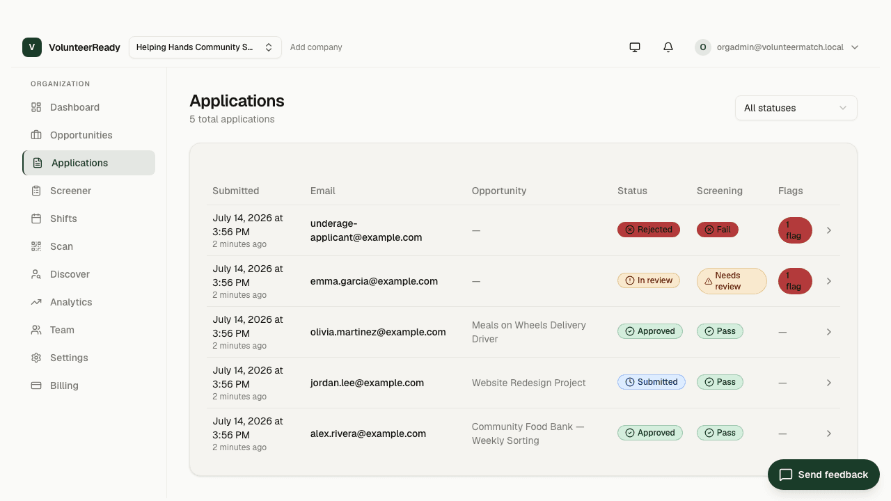 VolunteerReady application queue showing pending, approved, and rejected applications with timestamps