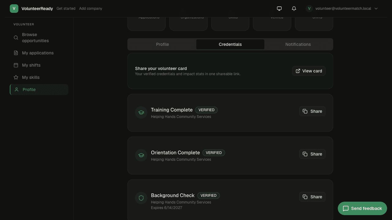 VolunteerReady credential wallet showing verified background check, orientation, and training credentials