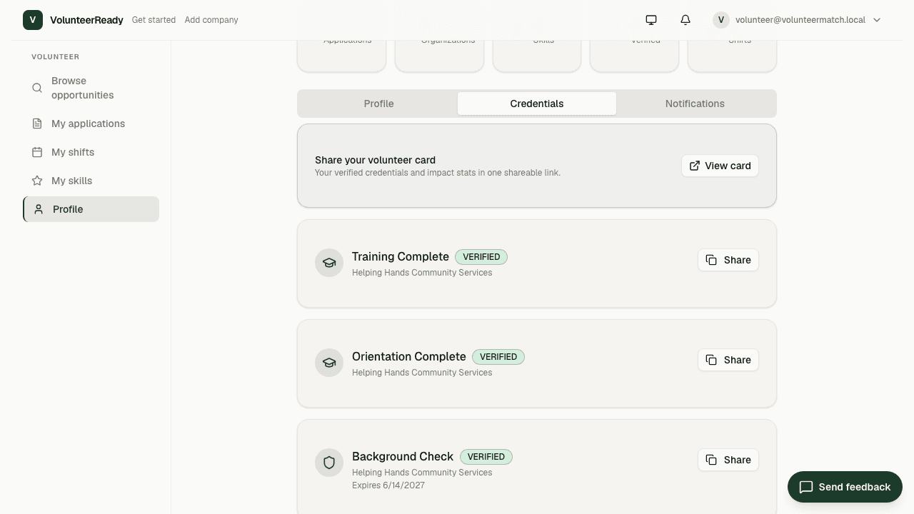 VolunteerReady credential wallet showing verified background check, orientation, and training credentials