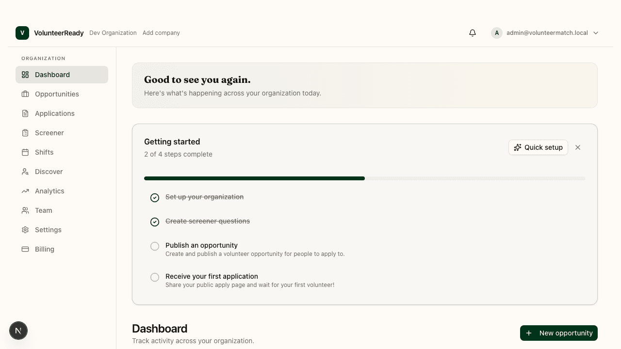 VolunteerReady dashboard showing volunteer roster, credential status, and shift coverage