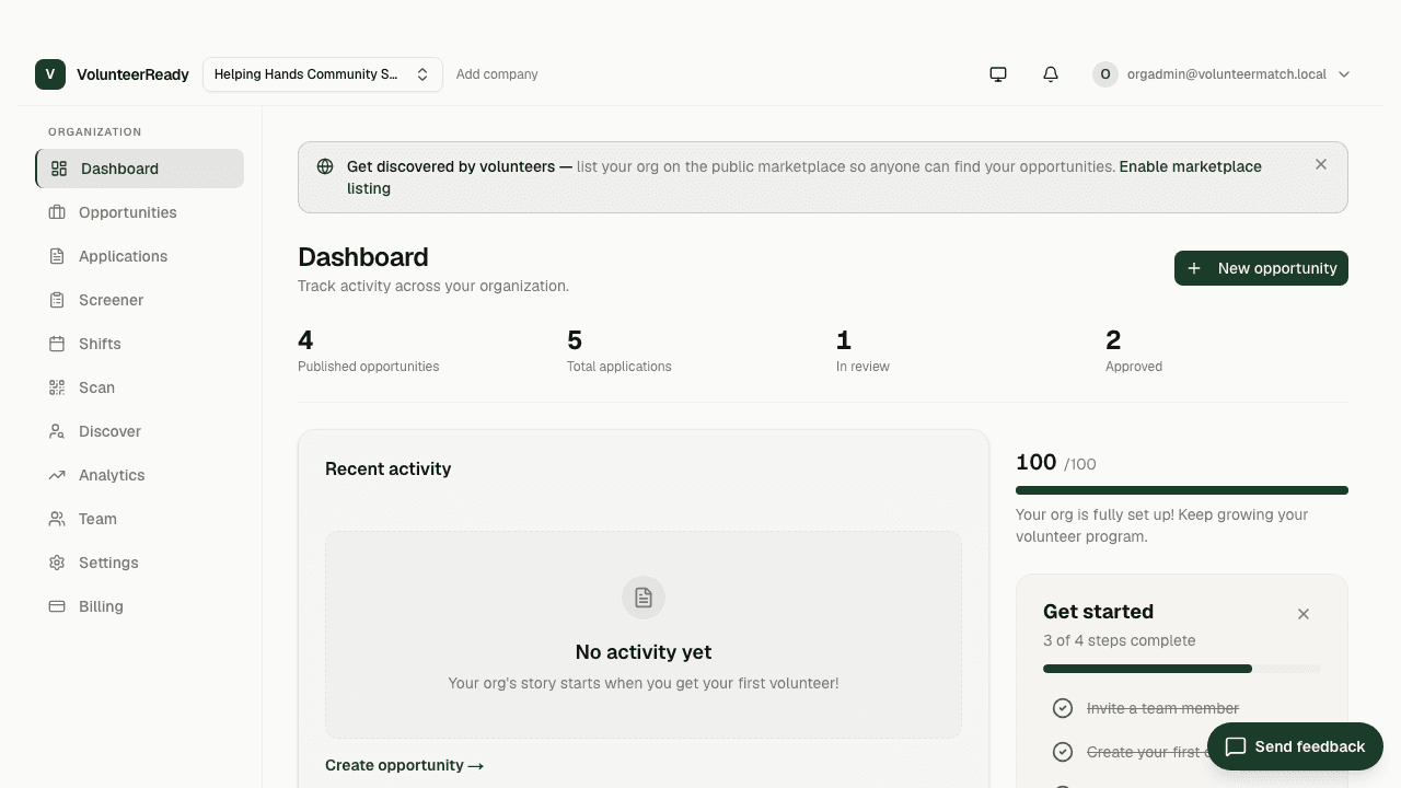 VolunteerReady dashboard showing published opportunities, application counts by status, and organization setup progress