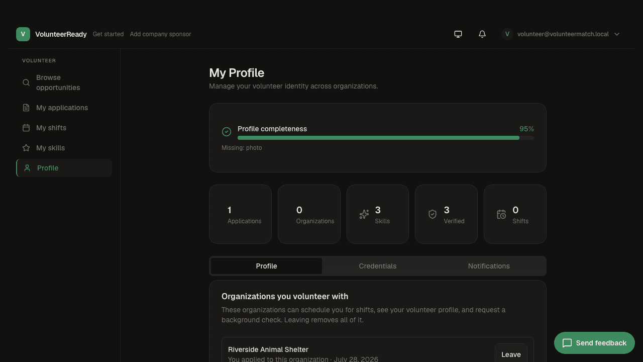VolunteerReady volunteer profile showing profile completeness, verified credentials, and the list of organizations that can see you