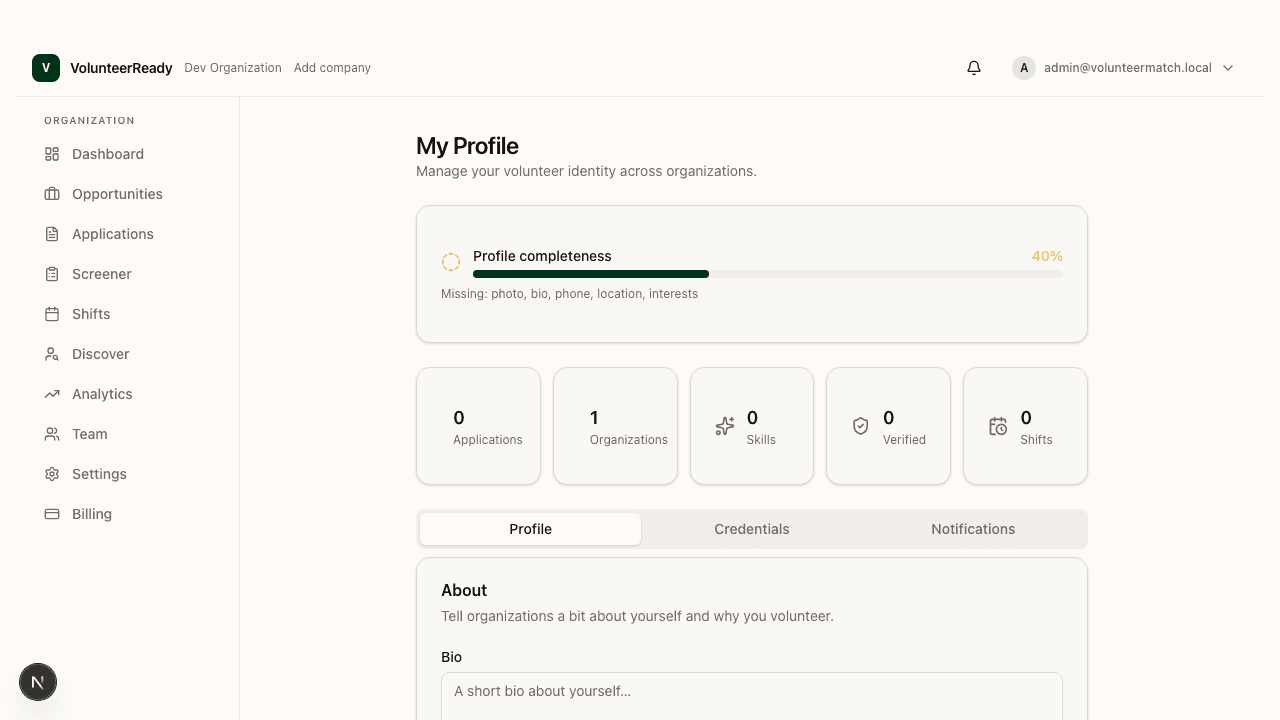 VolunteerReady volunteer profile showing portable credentials, upcoming shifts, and impact stats