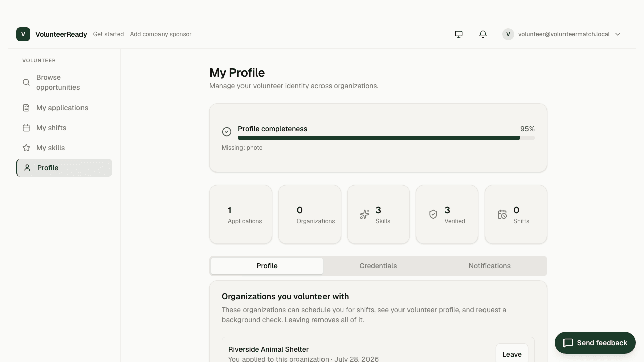 VolunteerReady volunteer profile showing profile completeness, verified credentials, and the list of organizations that can see you