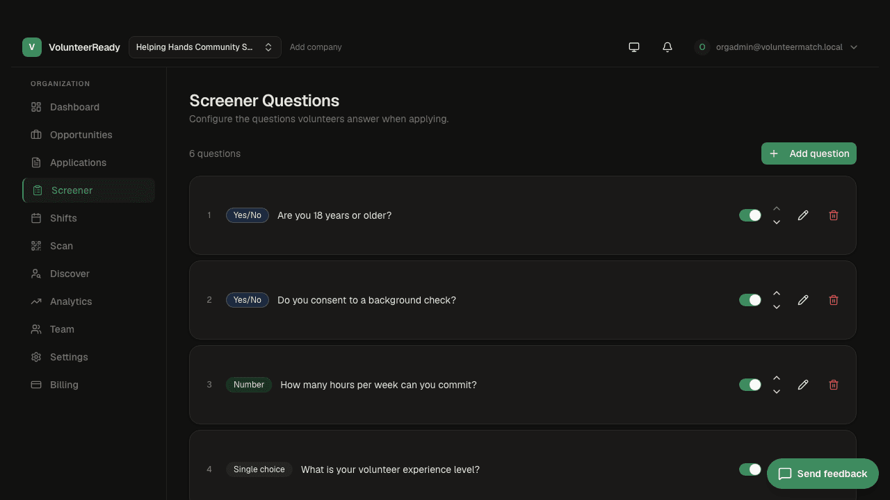 VolunteerReady screener admin showing volunteer application questions, including background-check consent