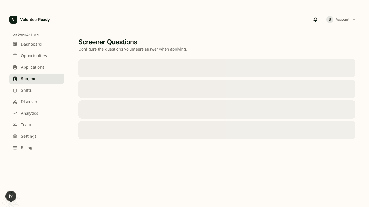 VolunteerReady screening dashboard showing application review queue
