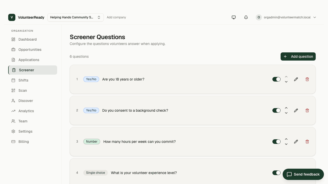 VolunteerReady screener admin showing volunteer application questions, including background-check consent